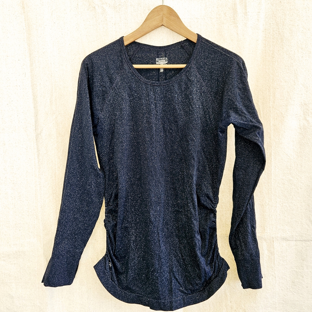 ATHLETA Speedlight Glow Navy & Silver Ruched Long Sleeve Top Large